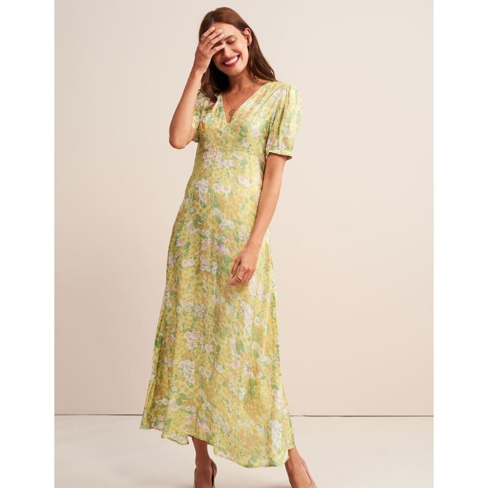 Rouje Linette Maxi Satin Dress Green Floral Size 6